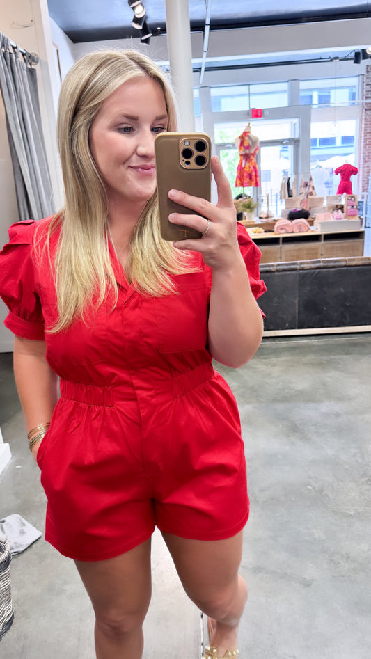 Button Down Puff Sleeve Romper - Red