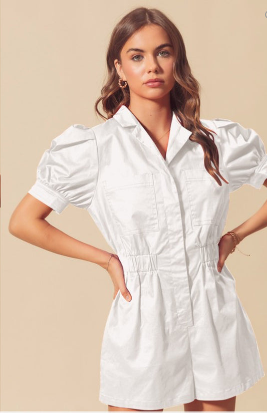 Button Down Puff Sleeve Romper - Off White