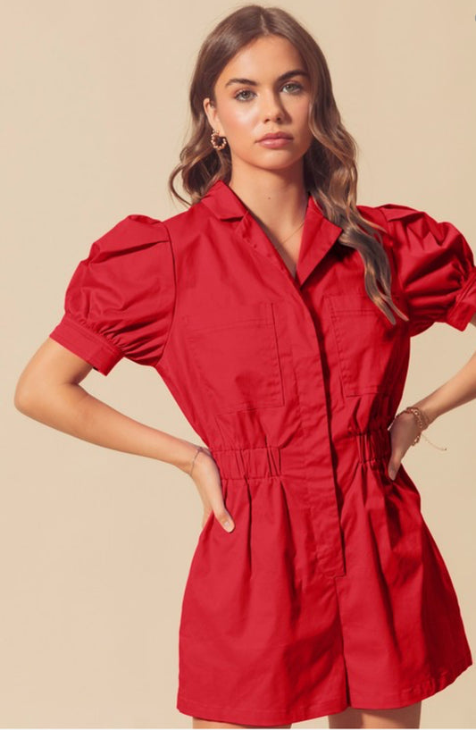 Button Down Puff Sleeve Romper - Red