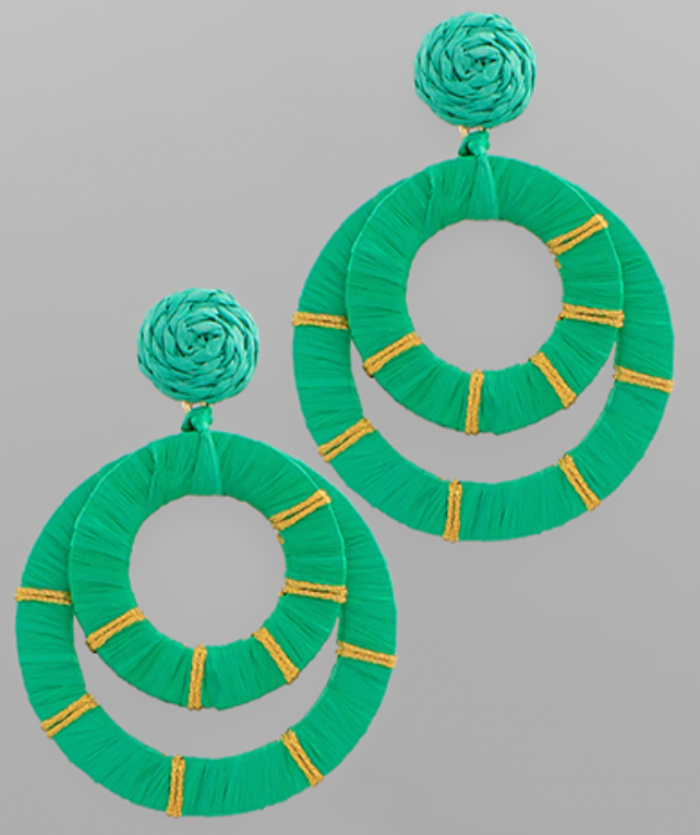 Double Raffia Wrapped Circle Earrings - Green