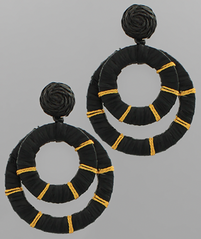 Double Raffia Wrapped Circle Earrings - Black