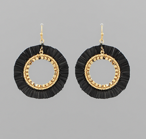 Raffia Circle Tassel Earrings -Black