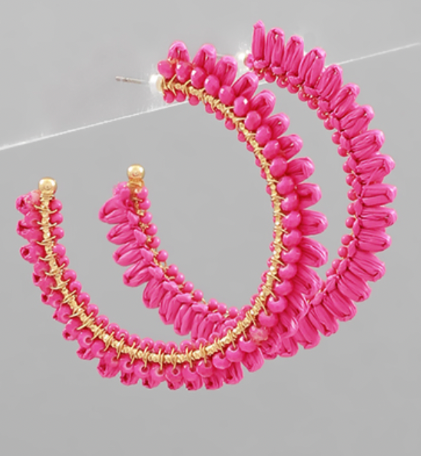Raffia & Glass Beaded Hoops - Pink
