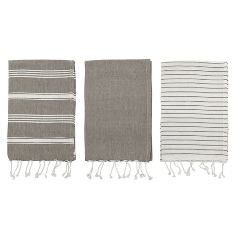 Grey and White Woven Cotton Striped Tea Towels