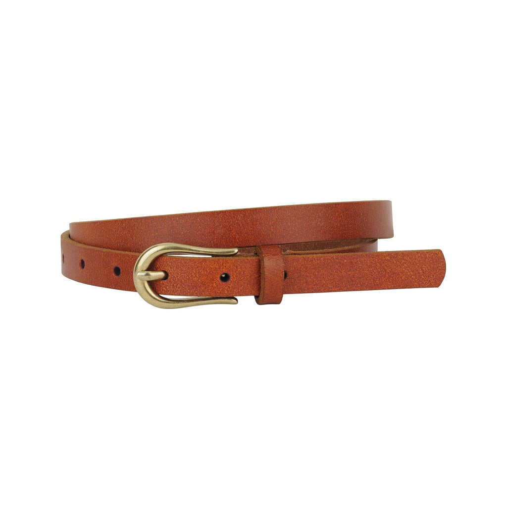Basic Skinny Leather Belt with Equestrian Buckle - Tan