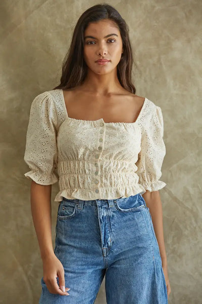 Woven Eyelet Square Neck Crop Top